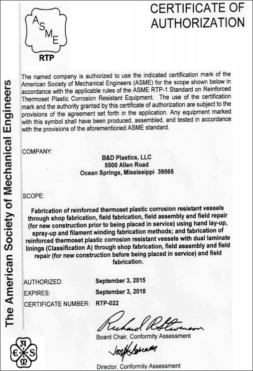 B&D Plastics, LLC RTP-1 Certificate